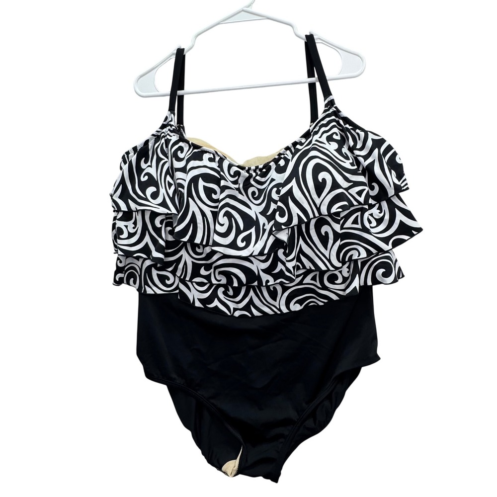 Longitude One Piece Swimsuit Womens 22W Black White Ruffle Abstract Retro